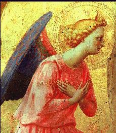 A cropped photo of an altarpiece showing an angel
