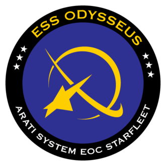 A Logo featuring ring as a planet and a shape that can be either ship or star circling it with text ESS ODYSSEUS.