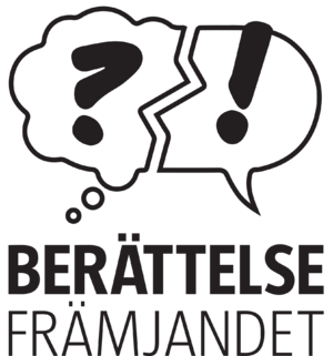 A thought bubble with a question mark, a speech bubble with an exclamation mark and the text Berättelsefrämjandet