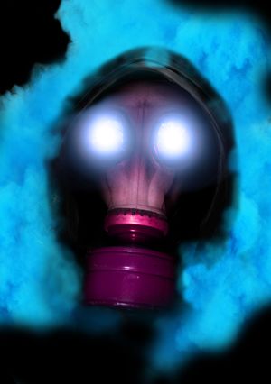 A photo of a purple tinted gas-mask with white glowing eyes surrounded by a light blue cloud of fog